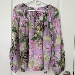 Tommy Bahama Cotton Silk Tropical Blouse L Sheer Floral Parrot Print Lightweight
